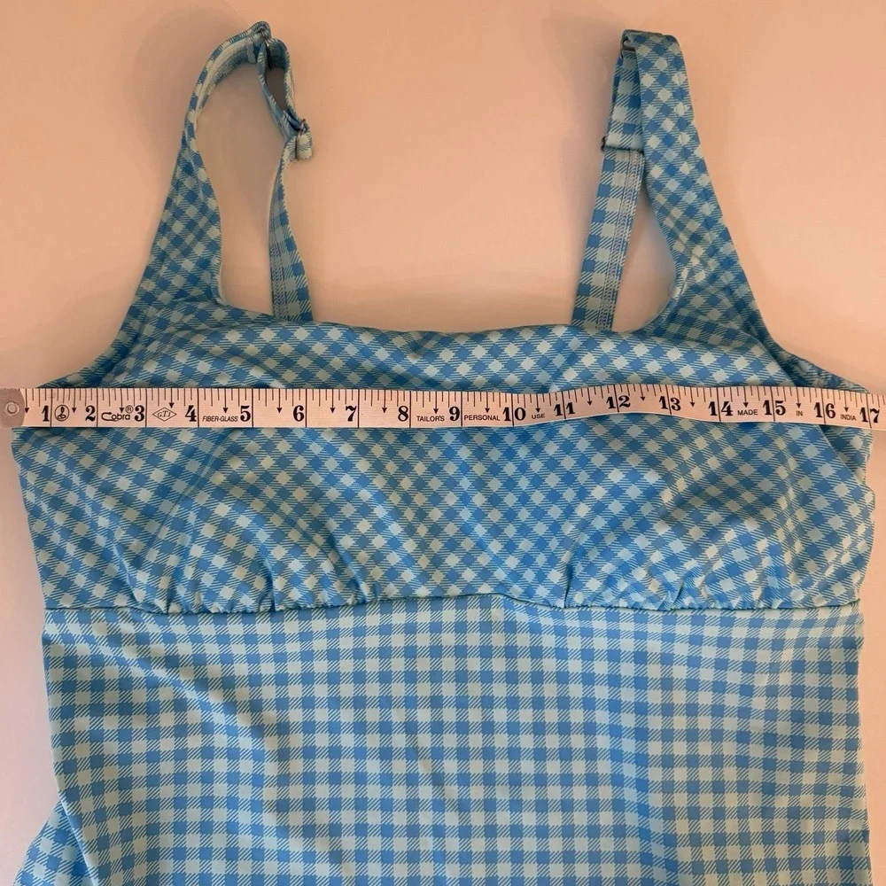 Lands End Square Neck Tankini Womens Size 14D Swimsuit Top Blue Gingham Check